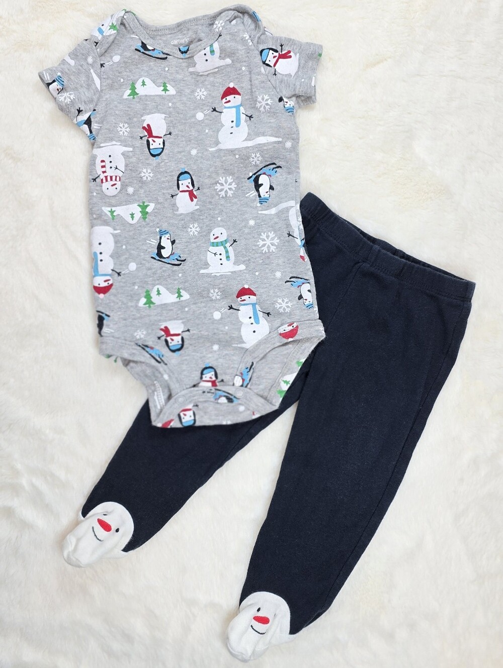 Carter's Gray Snowman Print Bodysuit with Navy Footed Pants